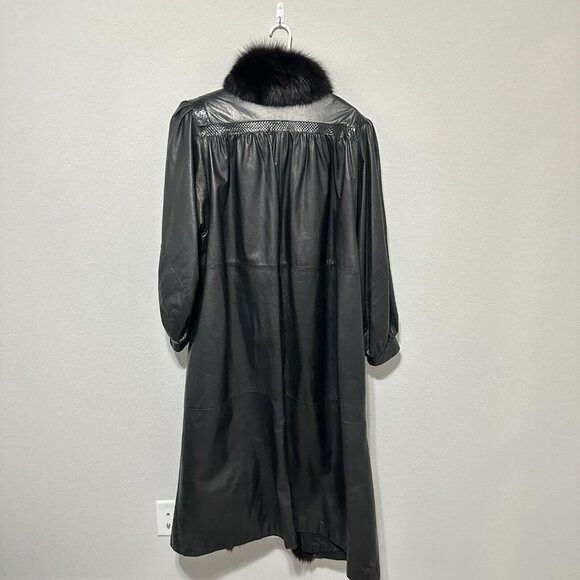 John Fauben Womens Vintage Black Tuxedo Style FoxFur Leather Trench Coat Size XL - Picture 2 of 11
